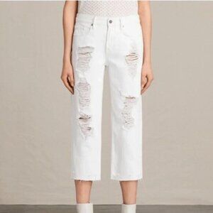 All Saints White Jeans Ivy Destroy Boy Distressed Straight Leg Denim high rise